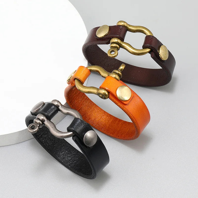 Simple Horseshoe Button Head Layer Cowhide Bracelet European and American Punk Style Men's Leather Bracelets 2023 New Jewelry