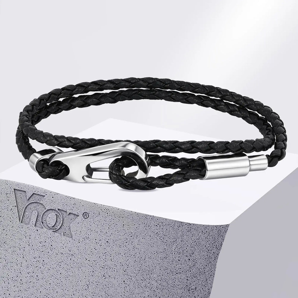 Vnox Double Layered Black Woven PU Leather Bracelets for Men, Stainless Steel Bold Hook Clasp, DIY Available Jewelry
