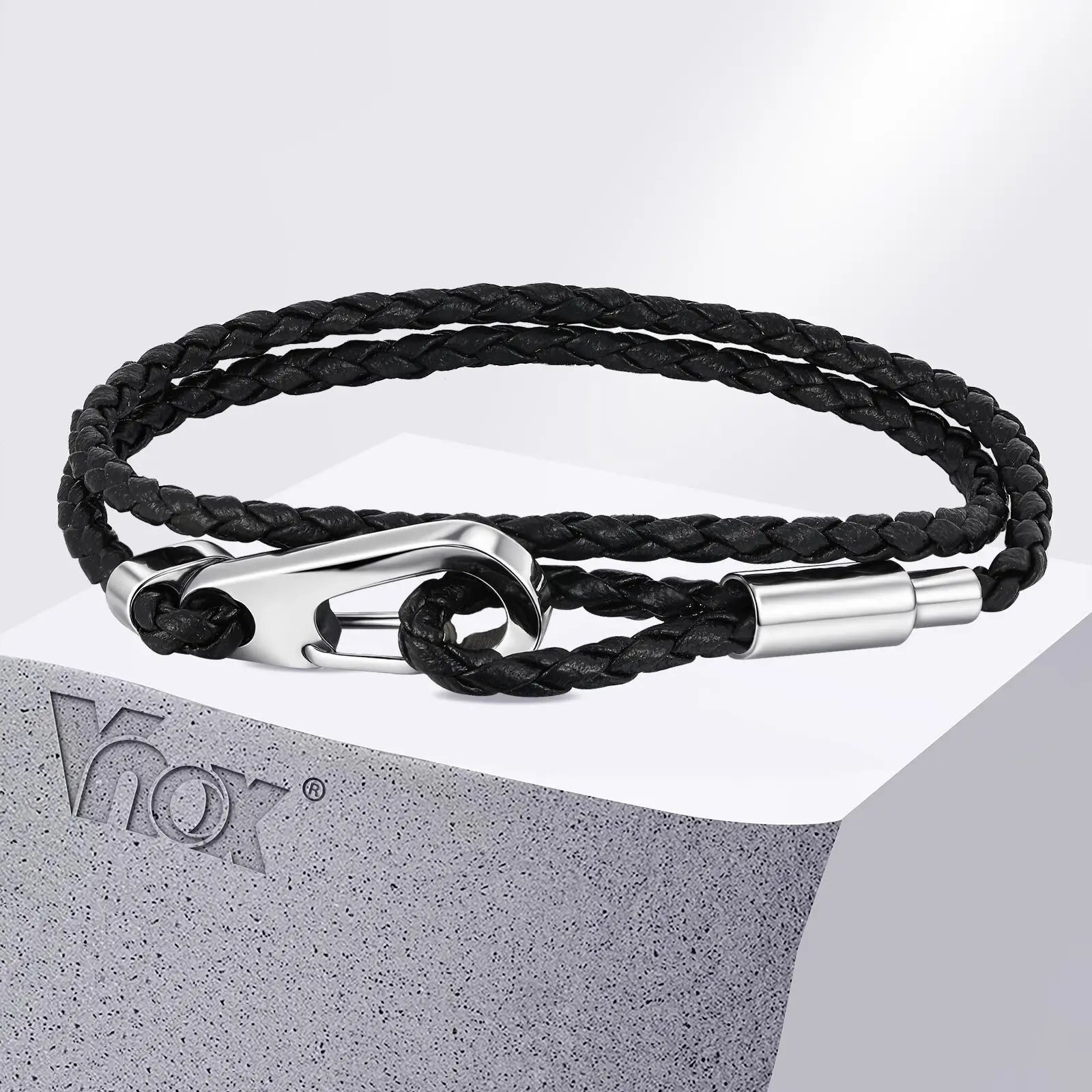 Vnox Double Layered Black Woven PU Leather Bracelets for Men, Stainless Steel Bold Hook Clasp, DIY Available Jewelry