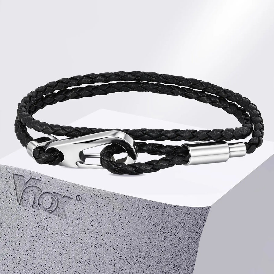 Vnox Double Layered Black Woven PU Leather Bracelets for Men, Stainless Steel Bold Hook Clasp, DIY Available Jewelry