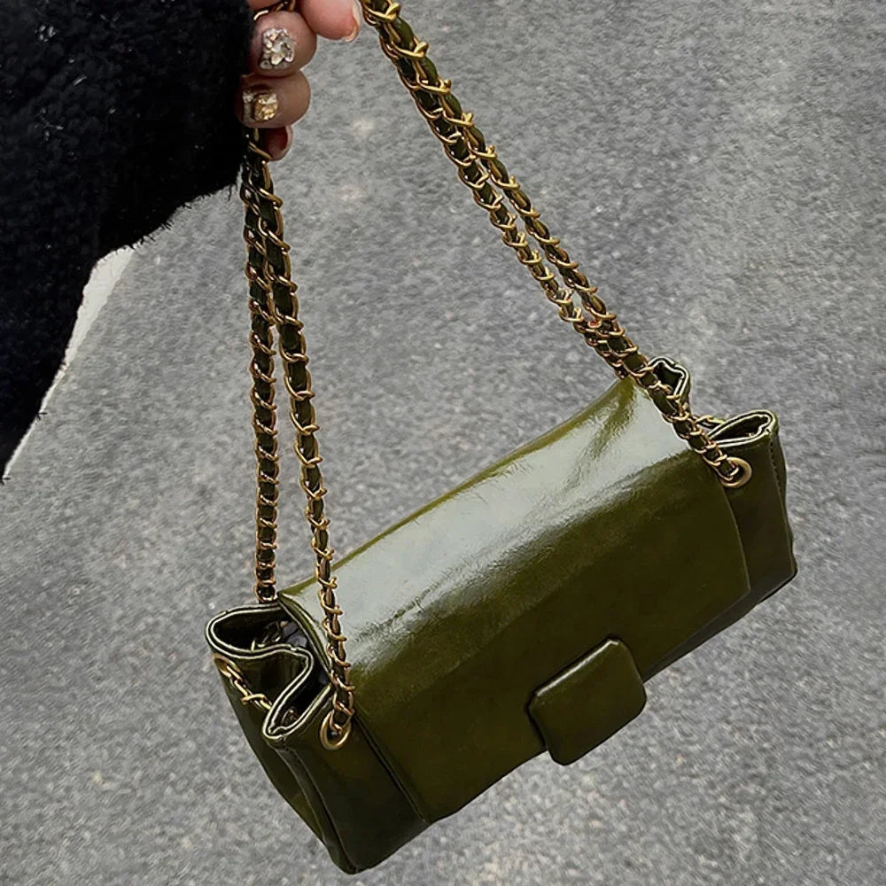 Retro Women's Underarm Shoulder Bags Autumn Winter Texture PU Leather Chains Messenger Bag Korean Elegant All-match Handbags