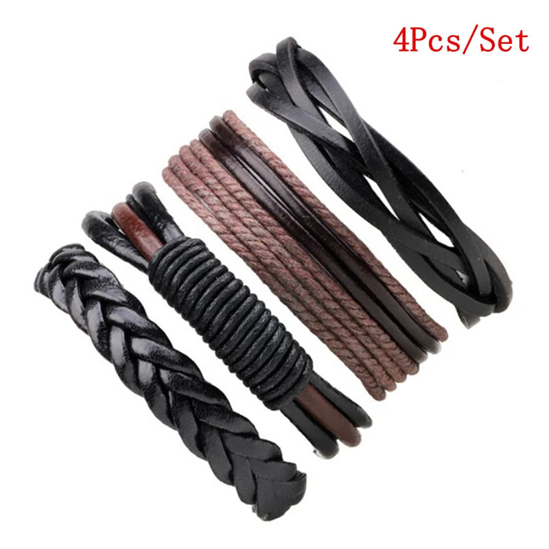 4Pcs/ Set Vintage Punk Braided Wrap Leather Bracelets Men Handmade Wristband Rope Bracelet Jewelry Gift Wrap Bracelets & Bangles