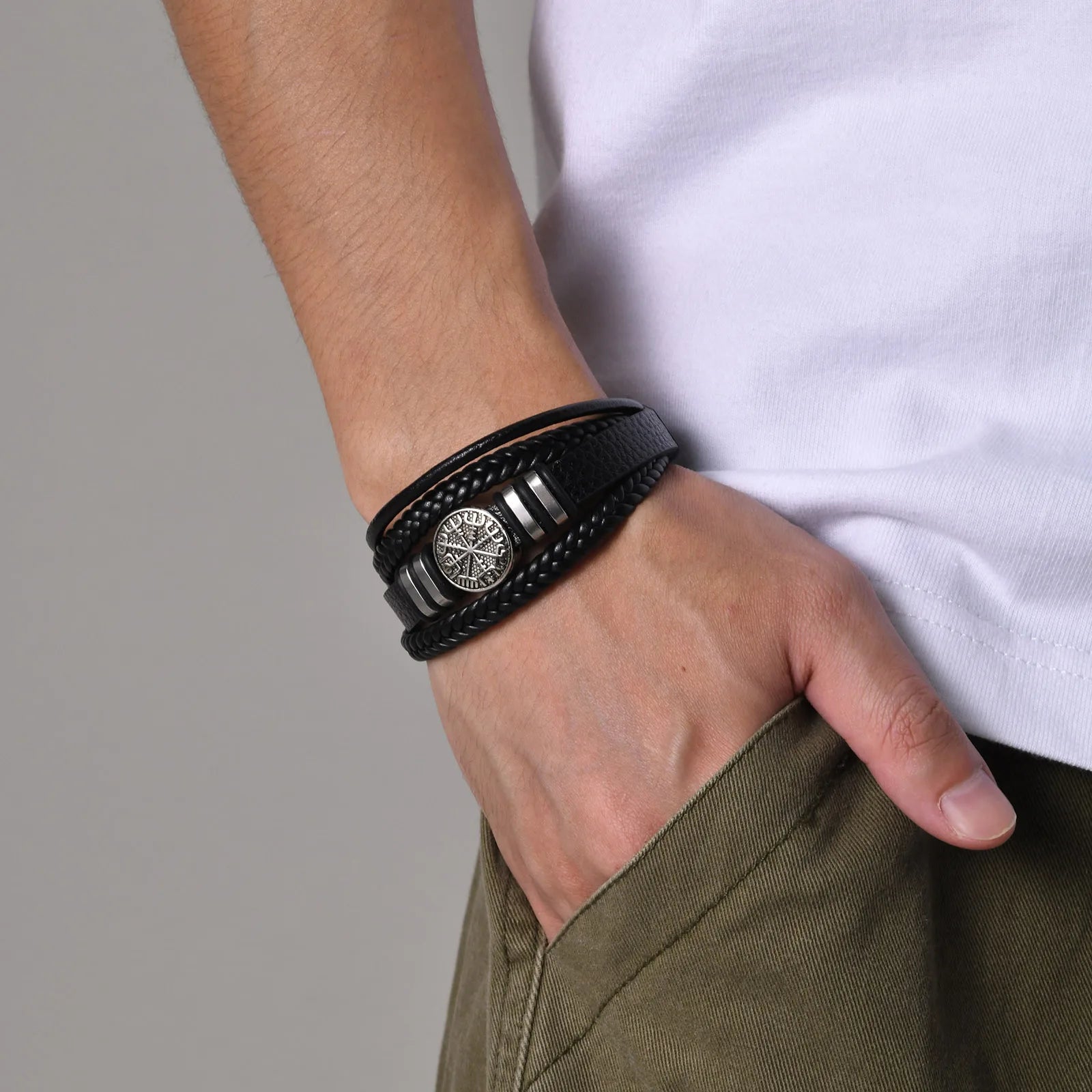 Vnox Norse Viking Bracelets for Men Boys, Black Mens Leather Bracelet Bangle Birthday Christmas Gifts to Father Dad Husband BFF