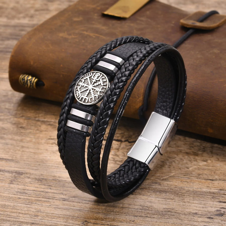 Vnox Norse Viking Bracelets for Men Boys, Black Mens Leather Bracelet Bangle Birthday Christmas Gifts to Father Dad Husband BFF