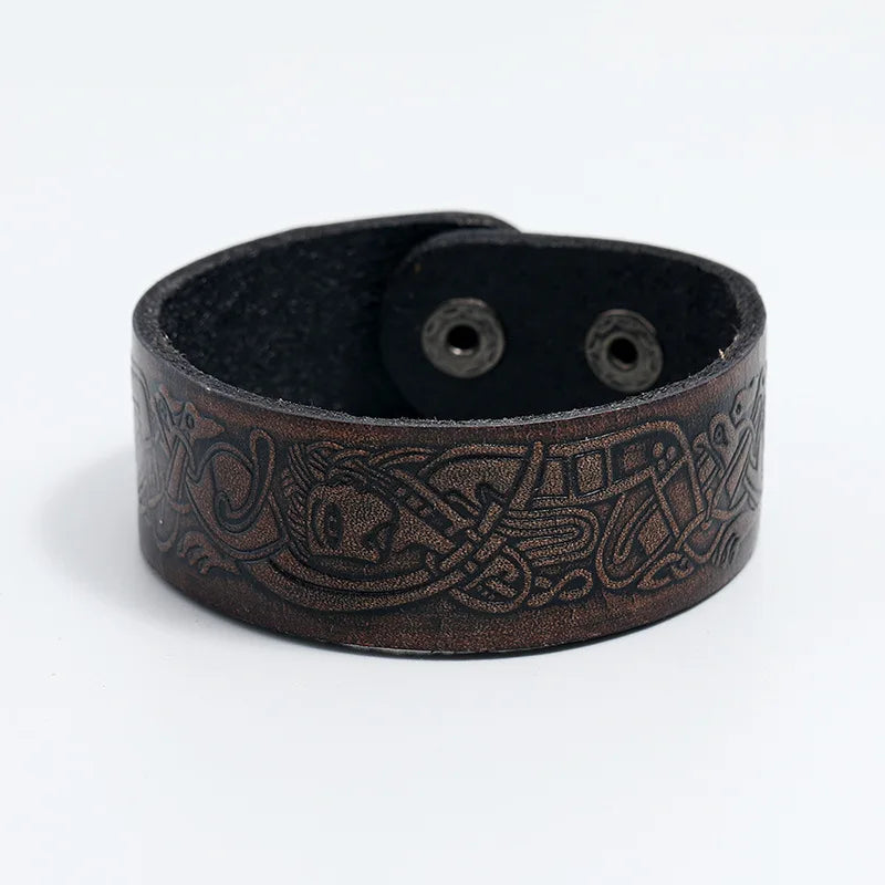 Retro Embossed Totem Pattern Cowhide Leather Wristband Bracelet Handmade Adjustable Bracelet Cowboy Accessories Unisex Jewelry