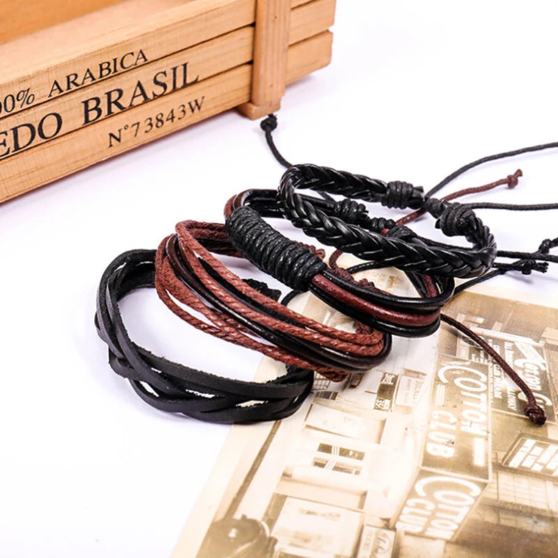 4Pcs/ Set Vintage Punk Braided Wrap Leather Bracelets Men Handmade Wristband Rope Bracelet Jewelry Gift Wrap Bracelets & Bangles