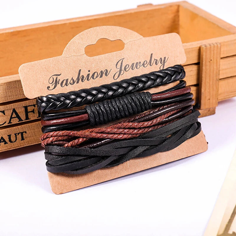 4Pcs/ Set Vintage Punk Braided Wrap Leather Bracelets Men Handmade Wristband Rope Bracelet Jewelry Gift Wrap Bracelets & Bangles