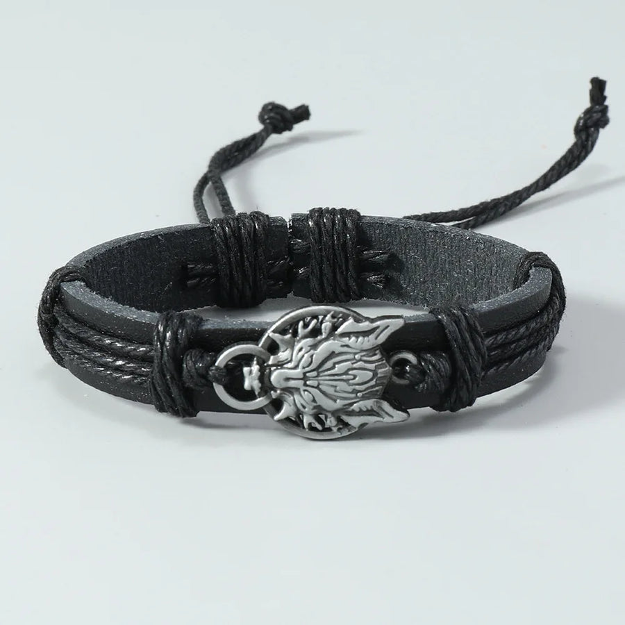 Retro Wolf Head Charm Bracelet Men Hand-woven Leather Bracelets Pull Adjustment Punk Style Simple Jewelry Gift