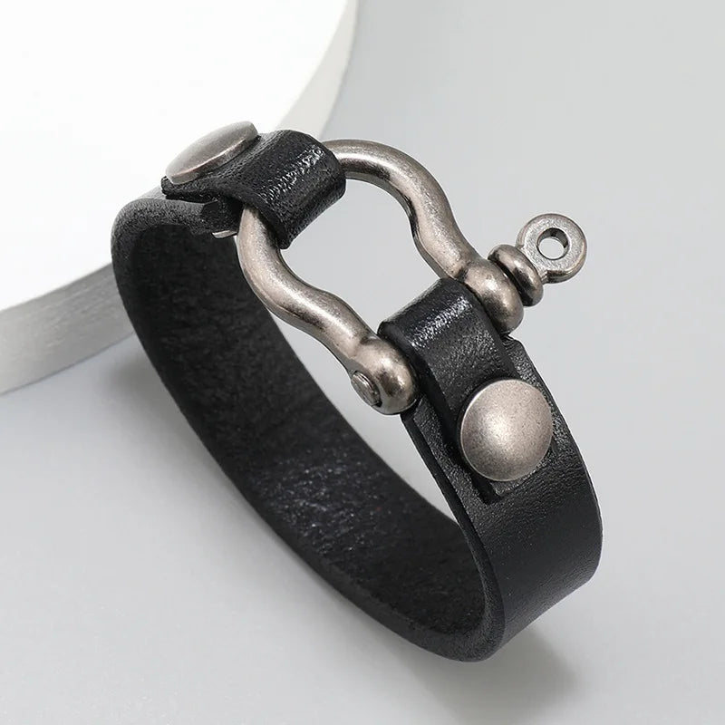 Simple Horseshoe Button Head Layer Cowhide Bracelet European and American Punk Style Men's Leather Bracelets 2023 New Jewelry
