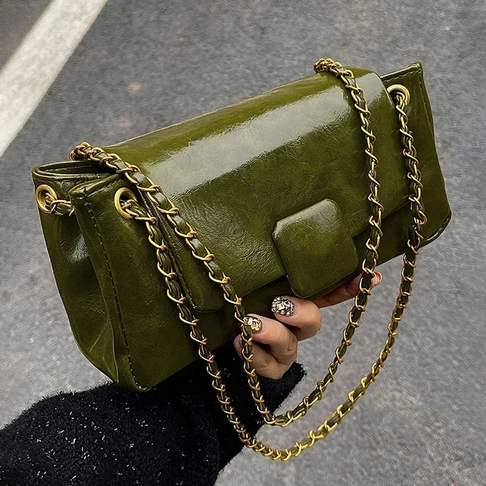 Retro Women's Underarm Shoulder Bags Autumn Winter Texture PU Leather Chains Messenger Bag Korean Elegant All-match Handbags