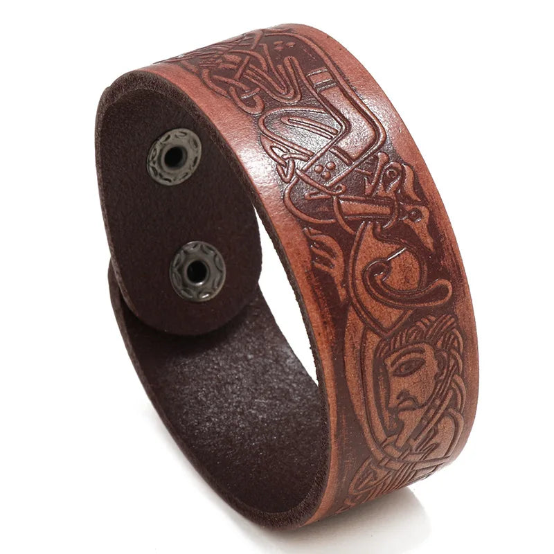 Retro Embossed Totem Pattern Cowhide Leather Wristband Bracelet Handmade Adjustable Bracelet Cowboy Accessories Unisex Jewelry