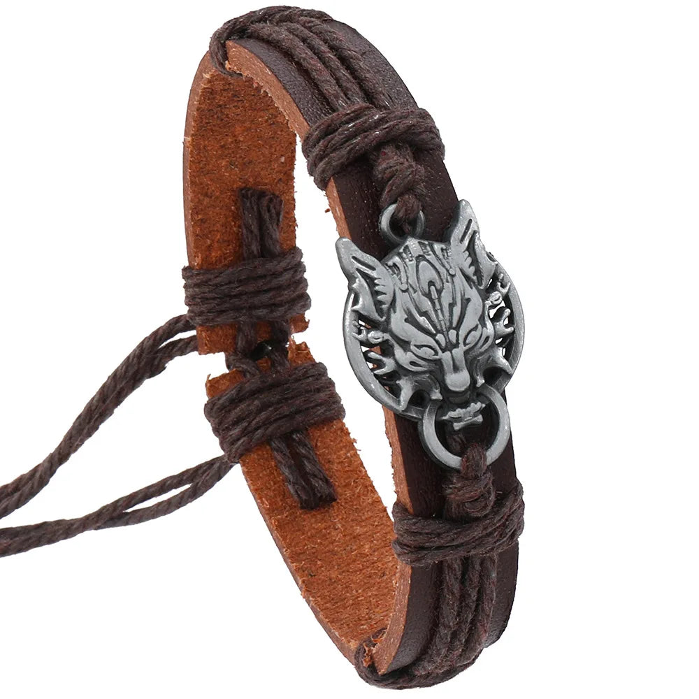 Retro Wolf Head Charm Bracelet Men Hand-woven Leather Bracelets Pull Adjustment Punk Style Simple Jewelry Gift