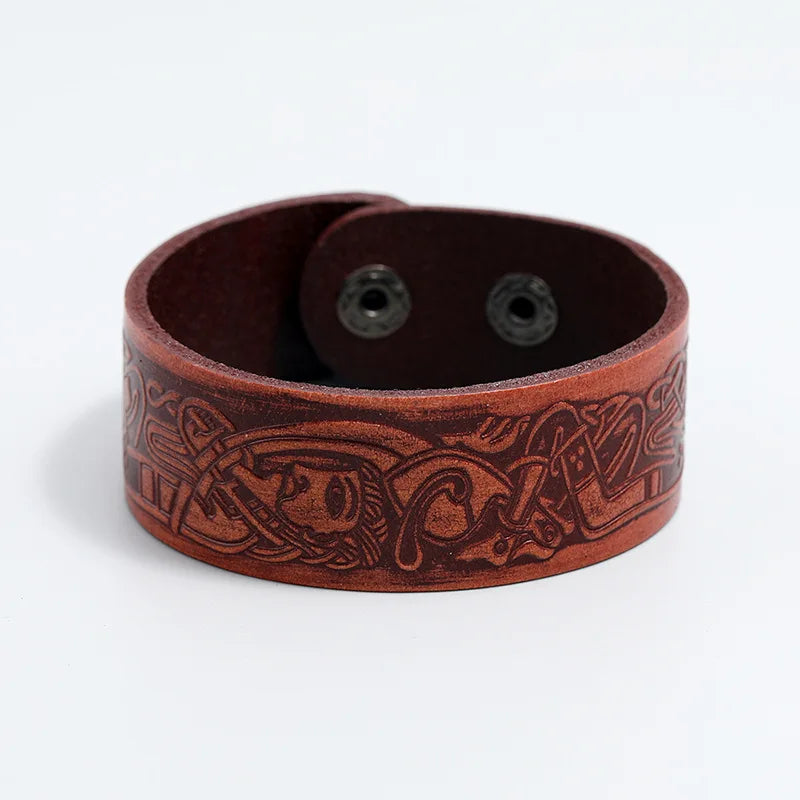 Retro Embossed Totem Pattern Cowhide Leather Wristband Bracelet Handmade Adjustable Bracelet Cowboy Accessories Unisex Jewelry