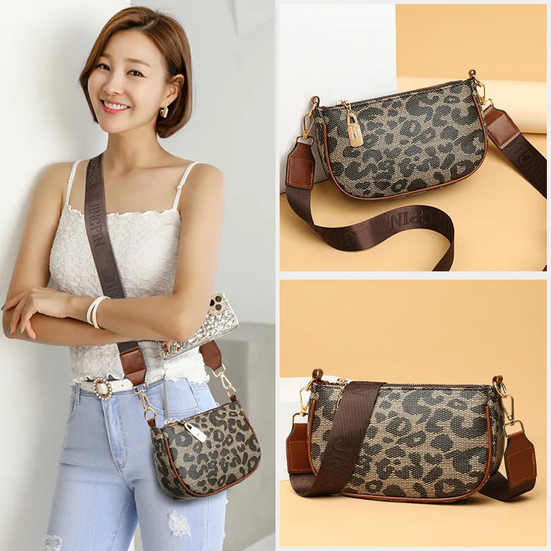 Women Casual Leopard Print Leather Crossbody Bag, Faux Leather Trimmed Shoulder Purse with Gold Accents, Versatile Fashionable