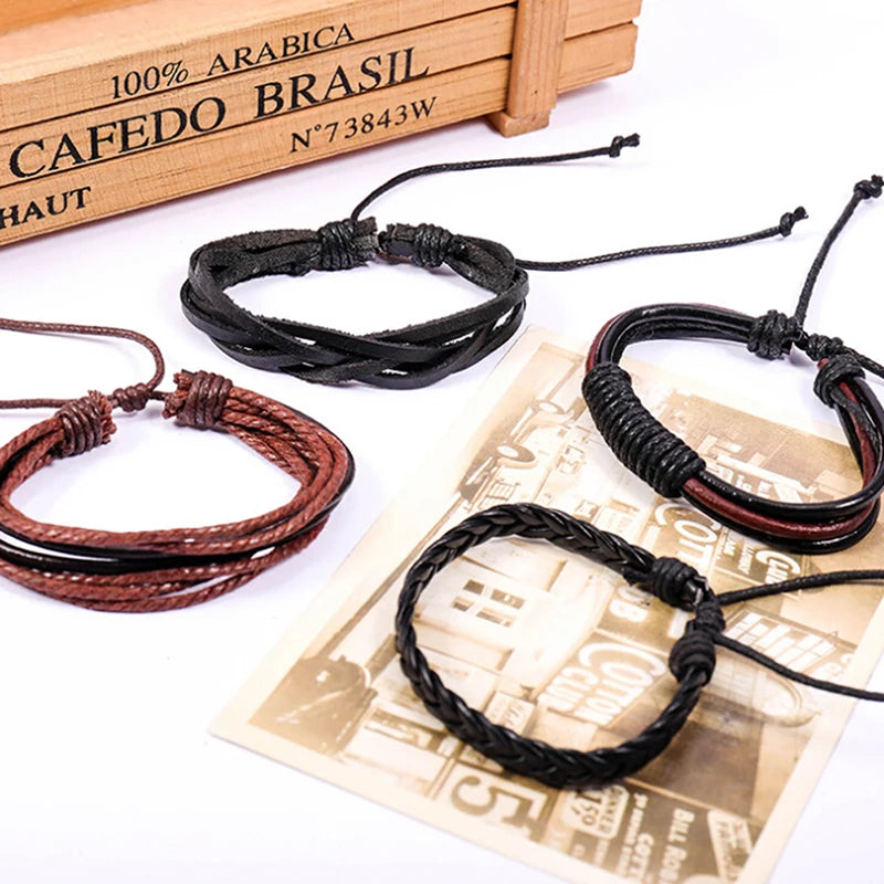 4Pcs/ Set Vintage Punk Braided Wrap Leather Bracelets Men Handmade Wristband Rope Bracelet Jewelry Gift Wrap Bracelets & Bangles