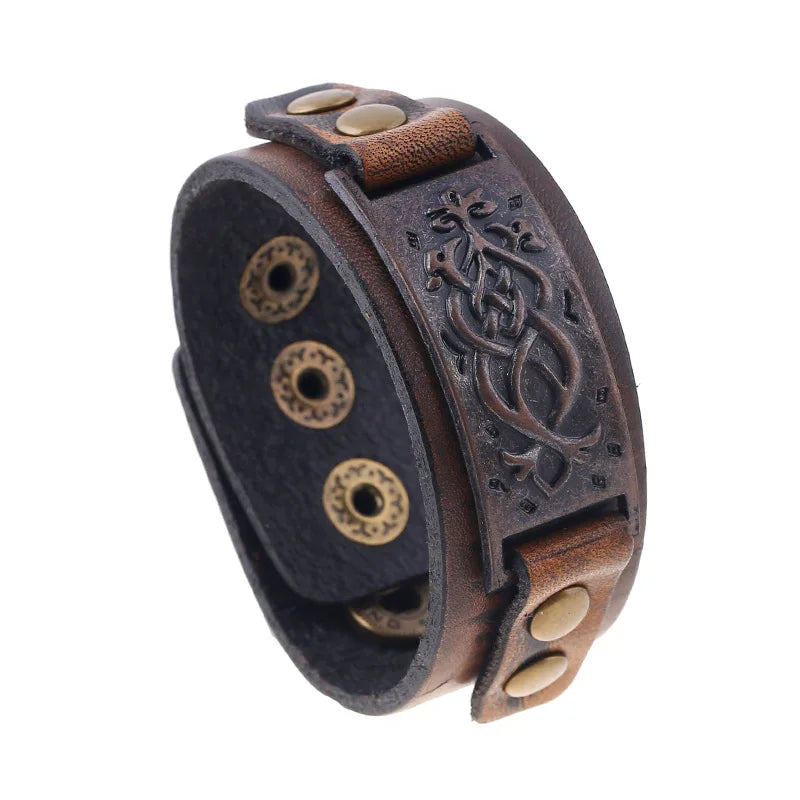 Retro Totem Pattern Cowhide Leather Buckled Wristband Bracelet For Men Handmade Adjustable Bracelet Punk Accessories Couple Gift