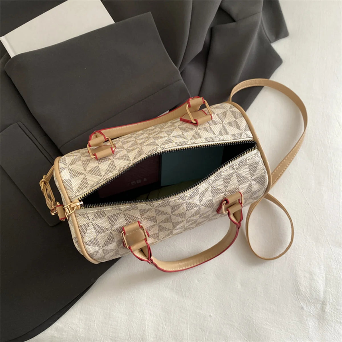 Fashion Business Crossbody Bag Windmill Print PU Color Block Trim Large Capacity Zipper Adjustable Strap Handbag for Daily Use