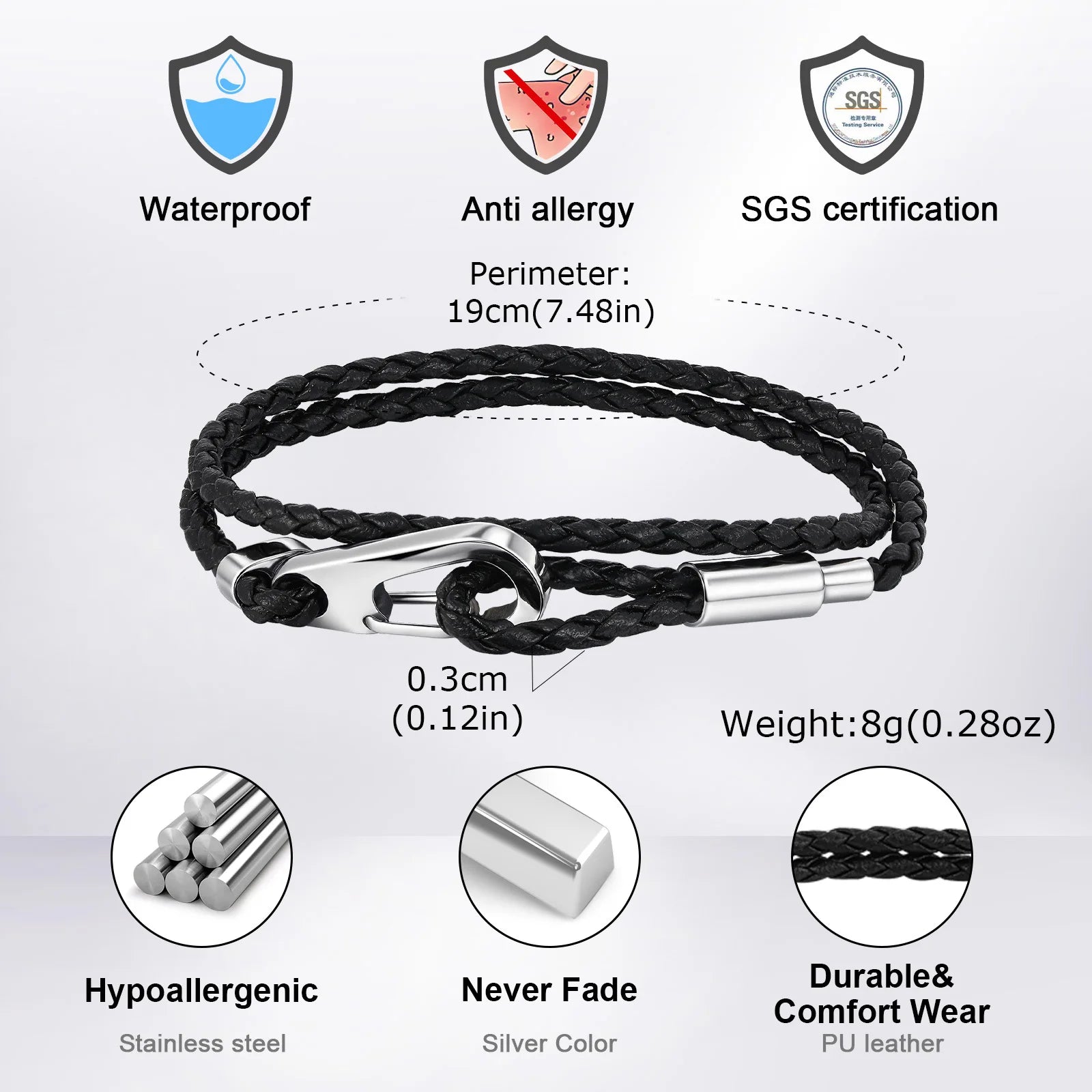 Vnox Double Layered Black Woven PU Leather Bracelets for Men, Stainless Steel Bold Hook Clasp, DIY Available Jewelry
