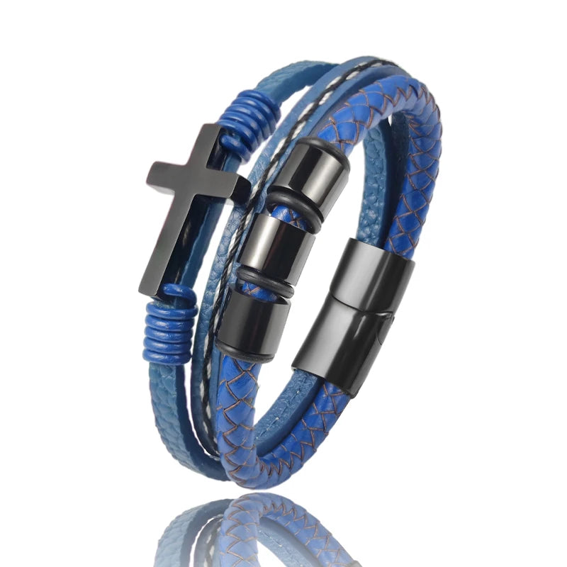MingAo New Custom Engraved Family Name Beads Cross Bracelets Black Braided Leather Stainless Steel Bracelets for Men Fathers