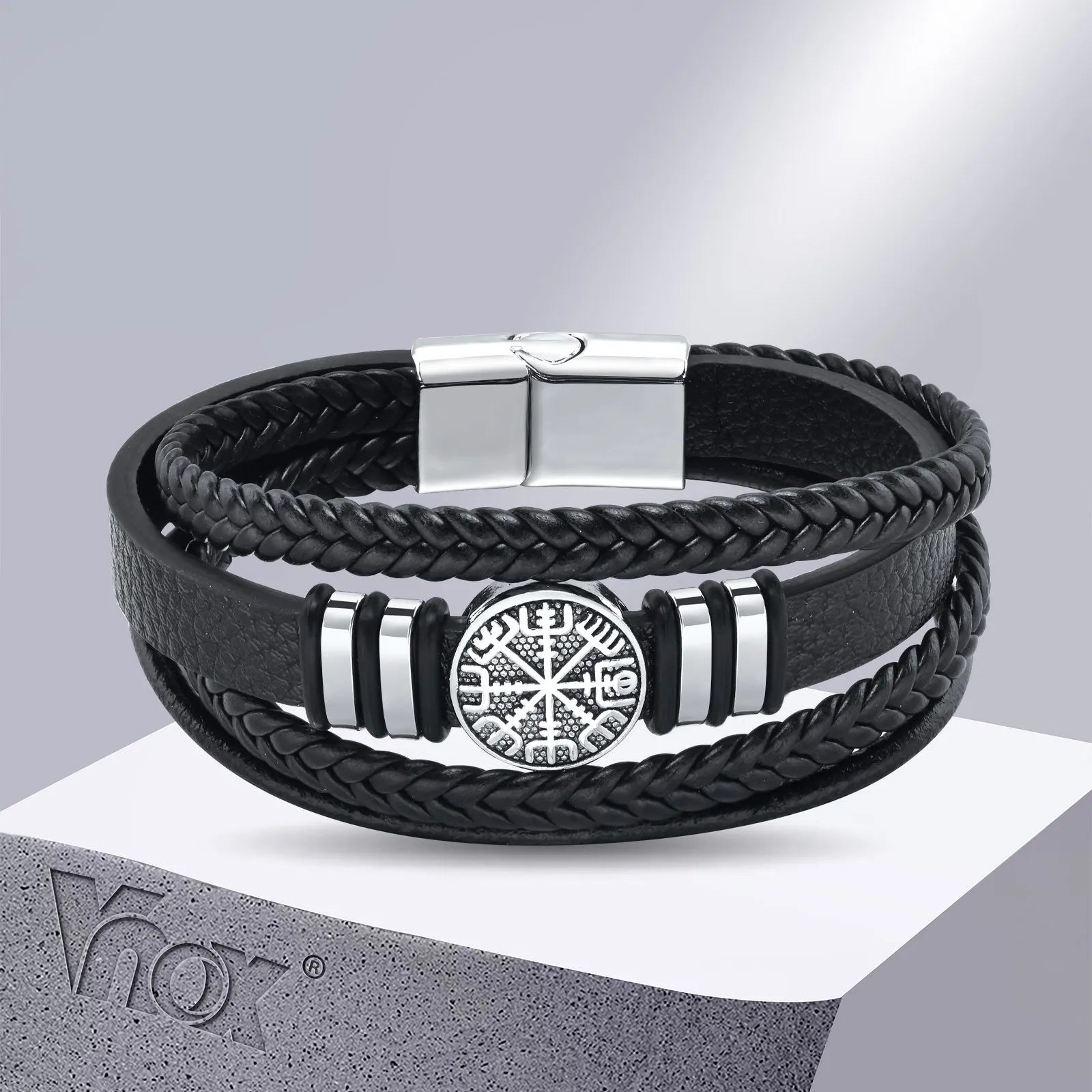 Vnox Norse Viking Bracelets for Men Boys, Black Mens Leather Bracelet Bangle Birthday Christmas Gifts to Father Dad Husband BFF