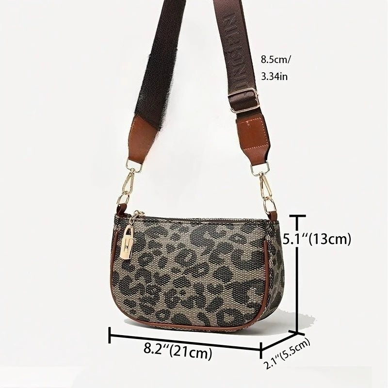 Women Casual Leopard Print Leather Crossbody Bag, Faux Leather Trimmed Shoulder Purse with Gold Accents, Versatile Fashionable