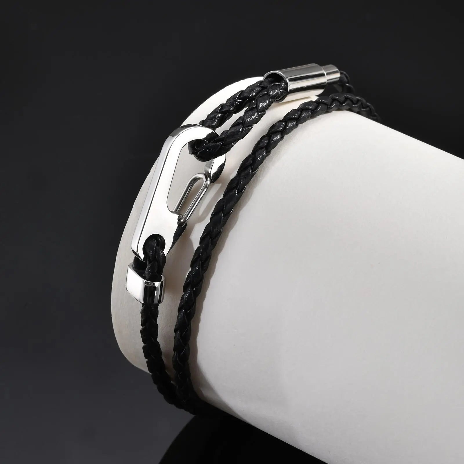 Vnox Double Layered Black Woven PU Leather Bracelets for Men, Stainless Steel Bold Hook Clasp, DIY Available Jewelry