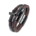 MingAo New Custom Engraved Family Name Beads Cross Bracelets Black Braided Leather Stainless Steel Bracelets for Men Fathers