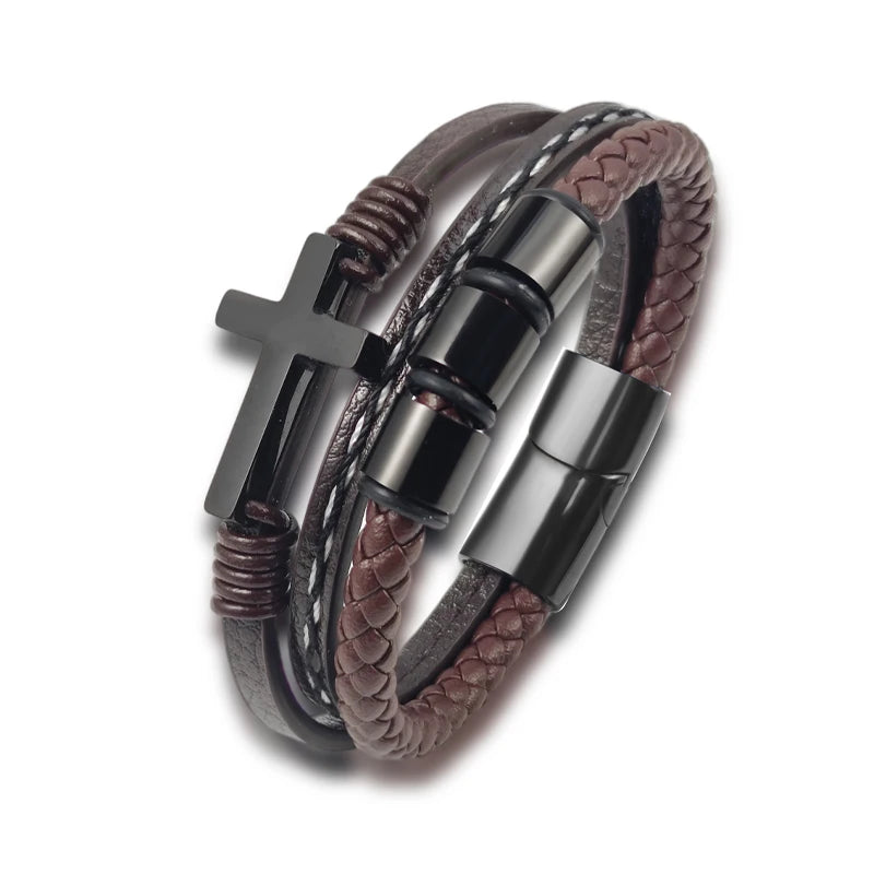 MingAo New Custom Engraved Family Name Beads Cross Bracelets Black Braided Leather Stainless Steel Bracelets for Men Fathers