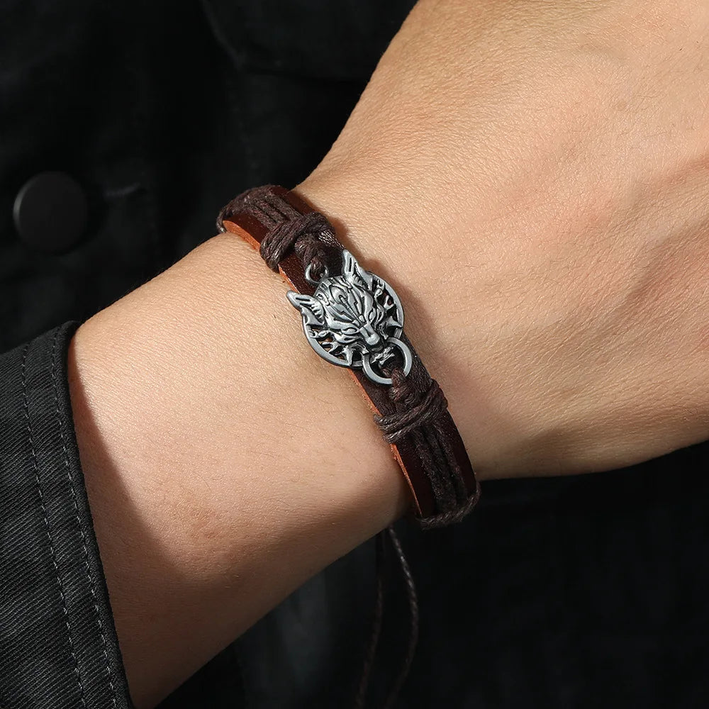 Retro Wolf Head Charm Bracelet Men Hand-woven Leather Bracelets Pull Adjustment Punk Style Simple Jewelry Gift