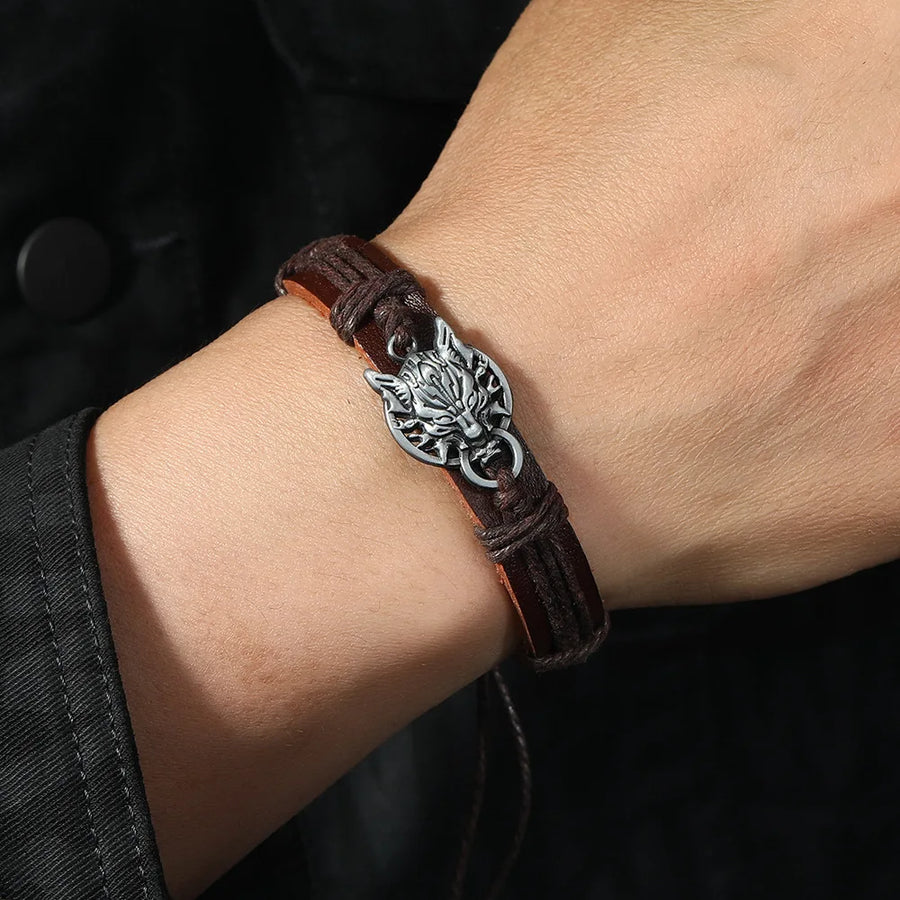 Retro Wolf Head Charm Bracelet Men Hand-woven Leather Bracelets Pull Adjustment Punk Style Simple Jewelry Gift