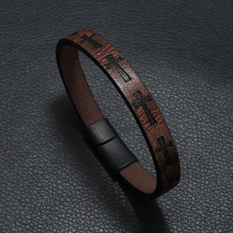 Noter Hiphop Rock Leather Bracelet For Men Magnet Buckle Cross Braslet Homme Casual Accessories Punk Jewelry Wrap Brazalete