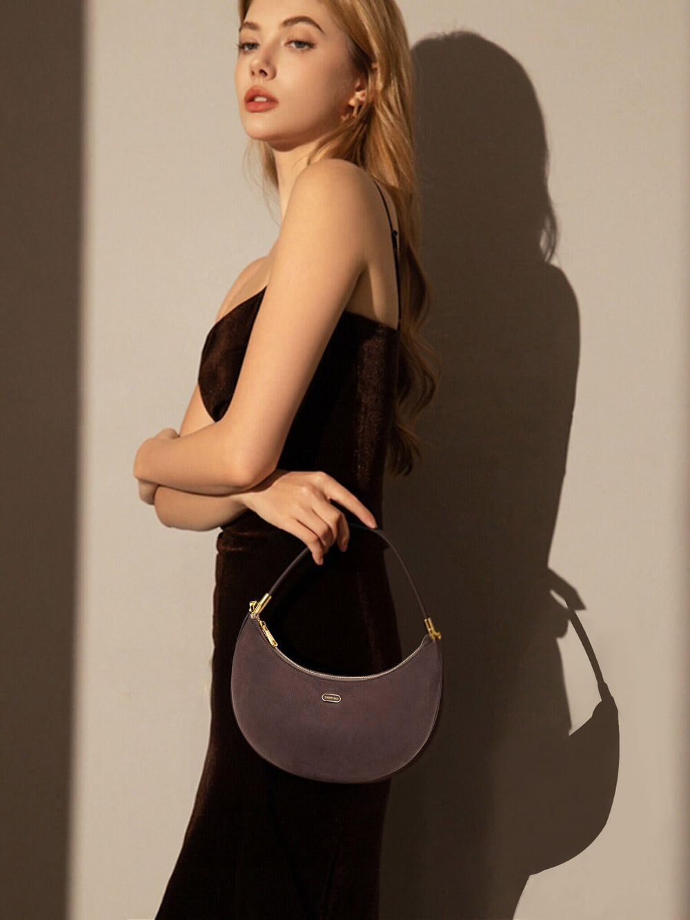 Zoey Shoulder Crossbody Bag -  Dark Brown Fake Suede