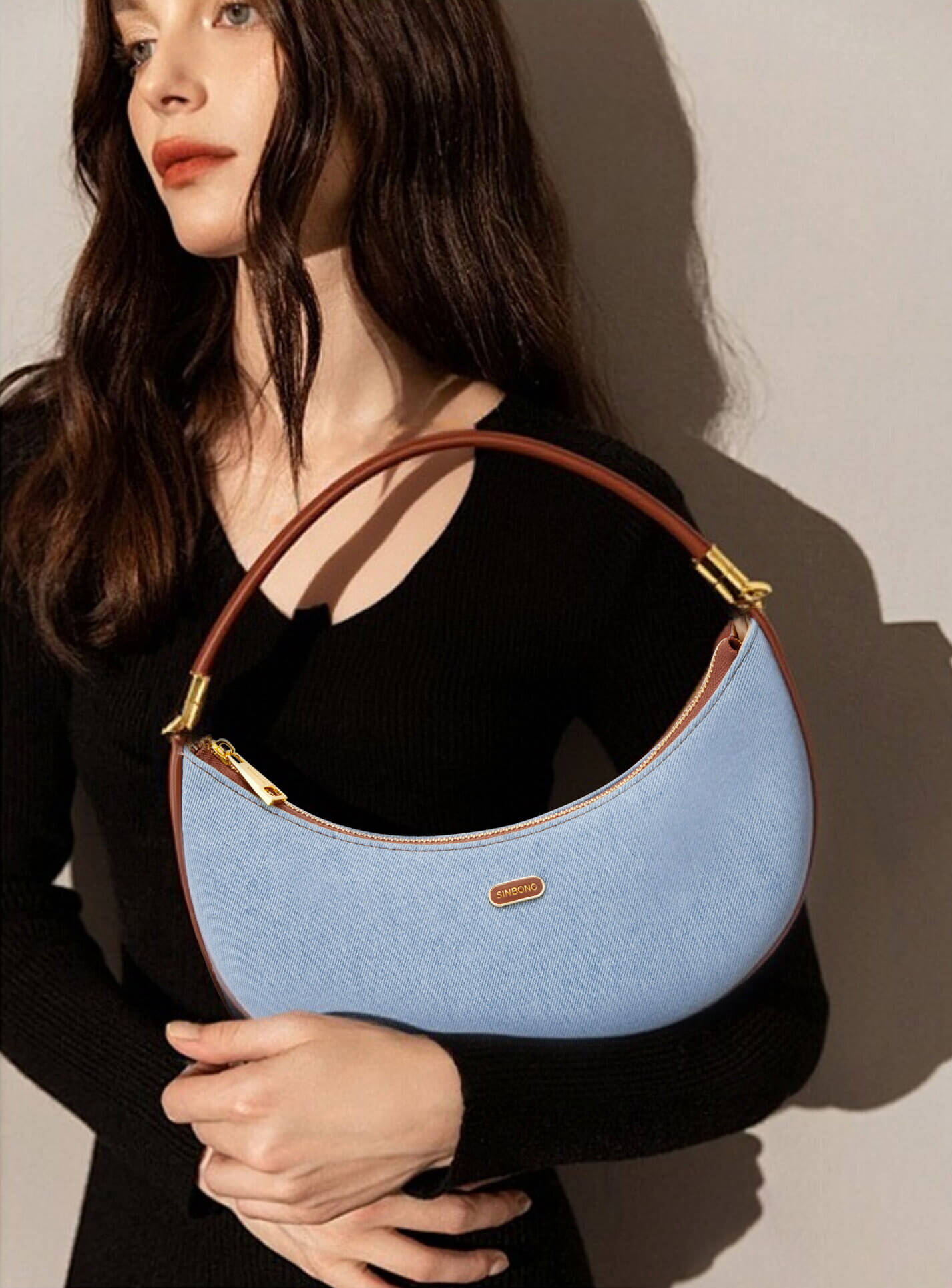 Zoey Shoulder Crossbody Bag - Light blue&Brown