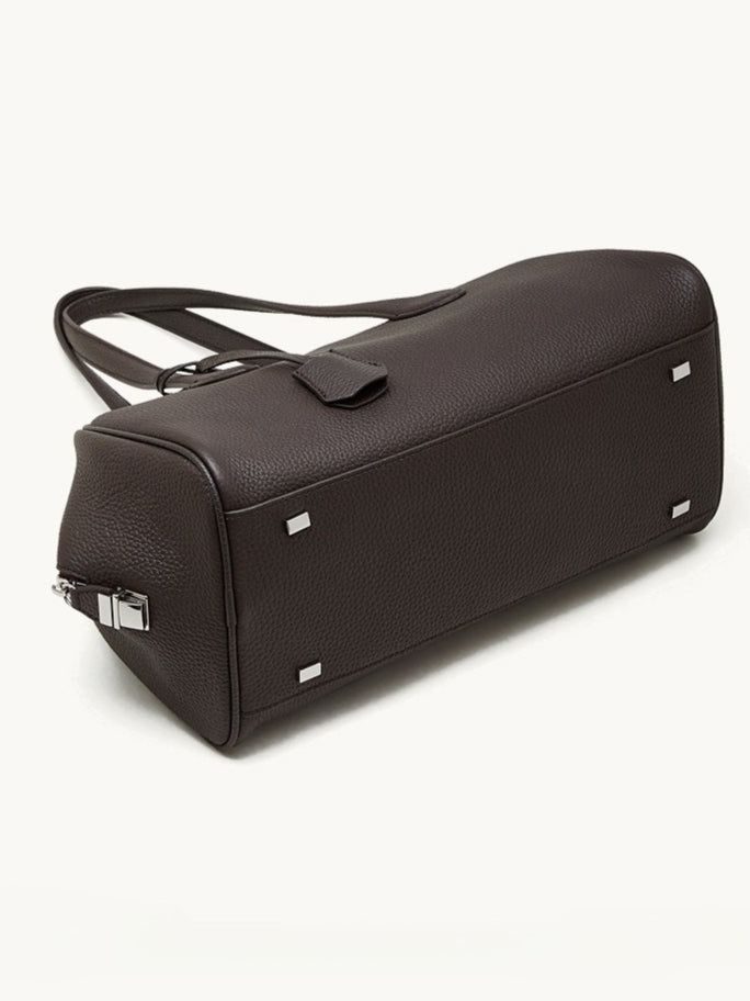 The Modern East-West Genuine Leather Bag | Minimalist Pebbled Bowling Tote
