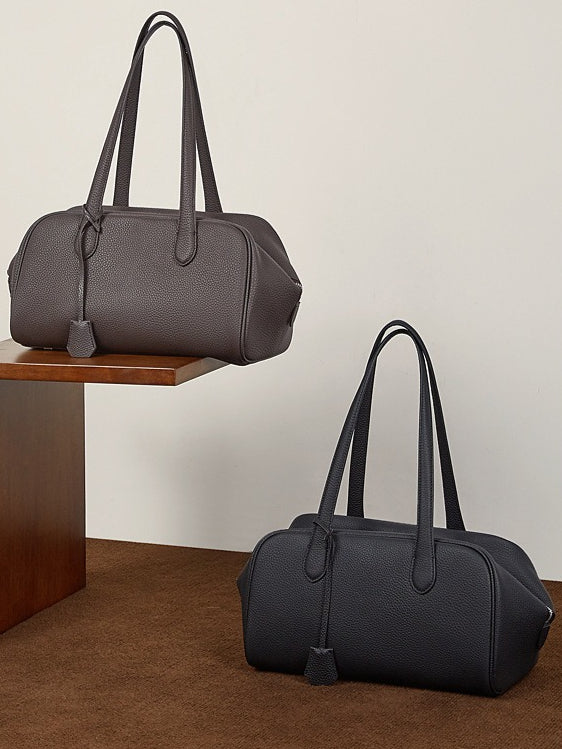 The Modern East-West Genuine Leather Bag | Minimalist Pebbled Bowling Tote