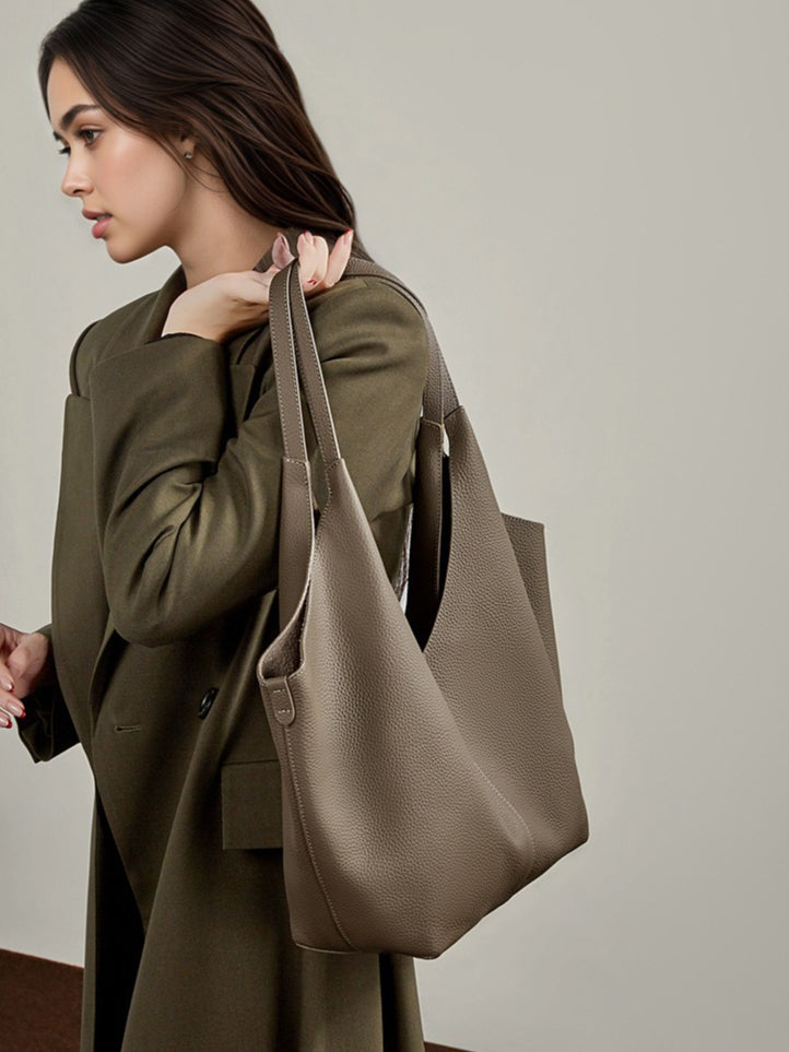 The Ethereal V-Cut Genuine Leather Bag | Minimalist Pebbled Hobo Tote