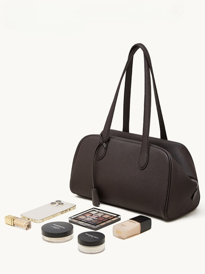 The Modern East-West Genuine Leather Bag | Minimalist Pebbled Bowling Tote