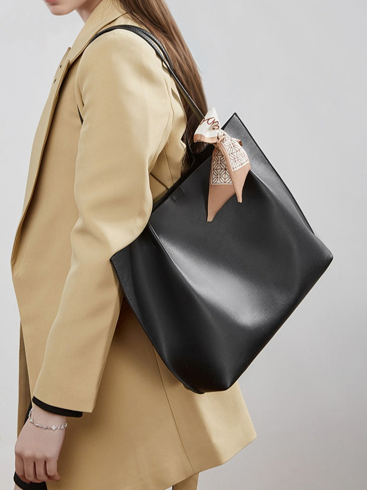 Parisian Chic Genuine Leather Bag - Minimalist Large Tote with Silk Scarf Accent