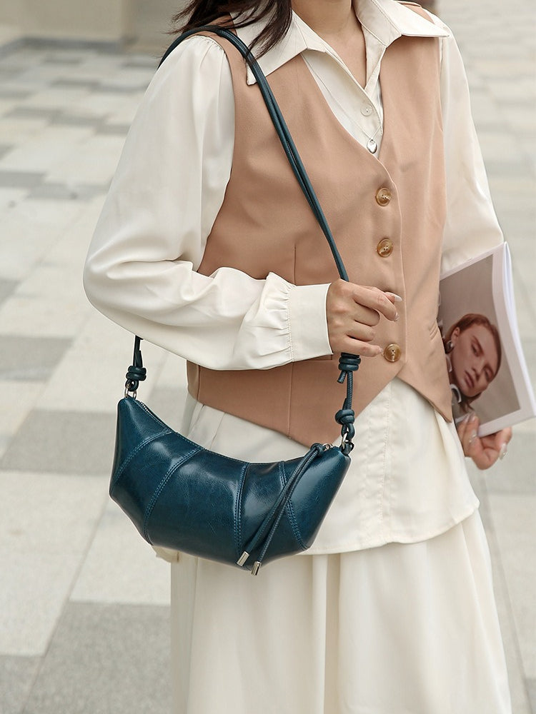 The Artisan Croissant Genuine Leather Bag | Minimalist Knotted Paneled Hobo