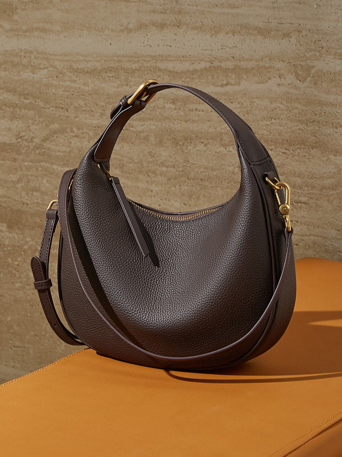 Modern Half-Moon Genuine Leather Bag - Versatile 2-Way Carry Pebbled Hobo
