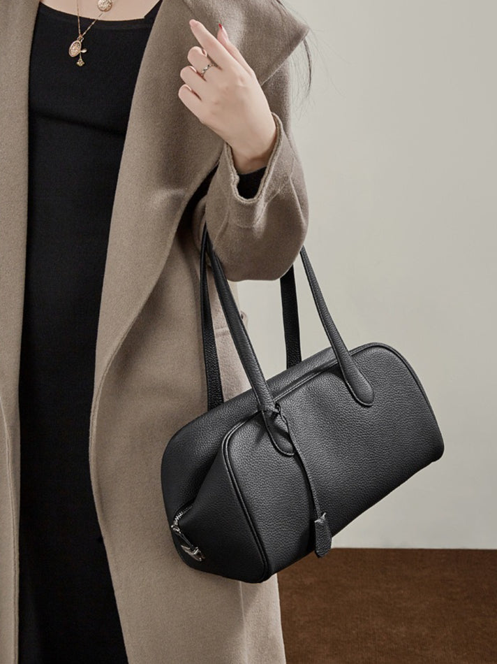 The Modern East-West Genuine Leather Bag | Minimalist Pebbled Bowling Tote
