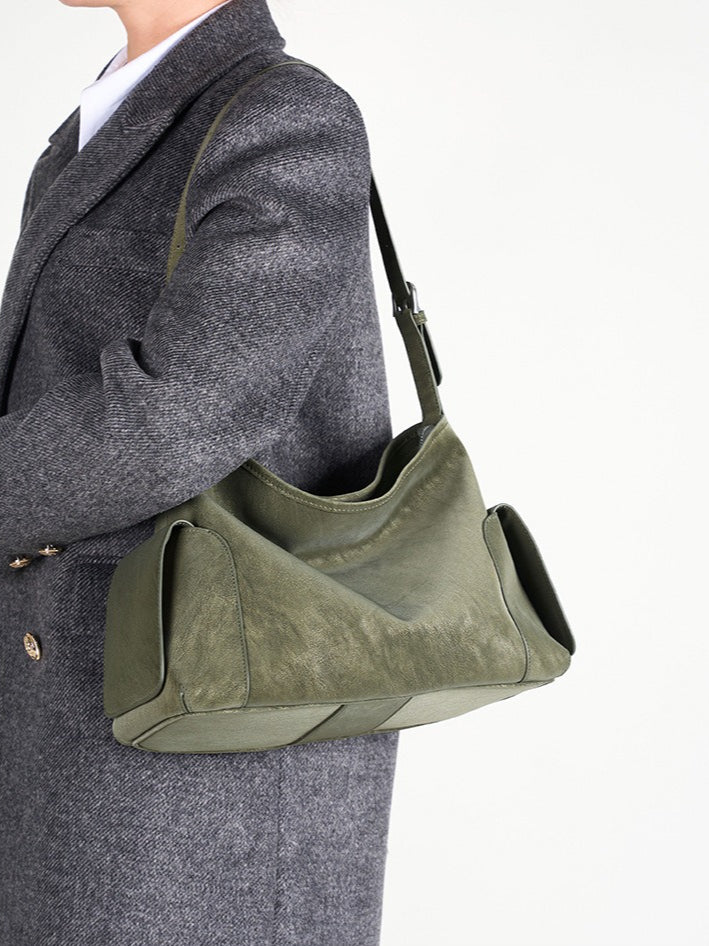 Urban Nomad Genuine Leather Bag | Large Slouchy Shoulder Bag with Side Pockets