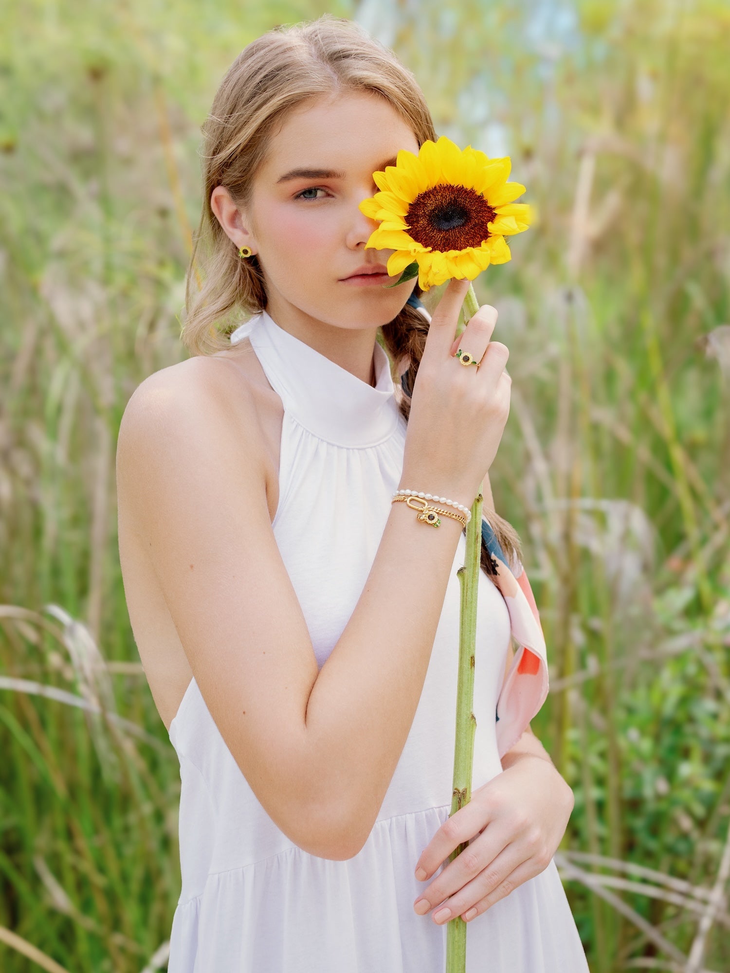 Carved Sunflower Stud Earrings