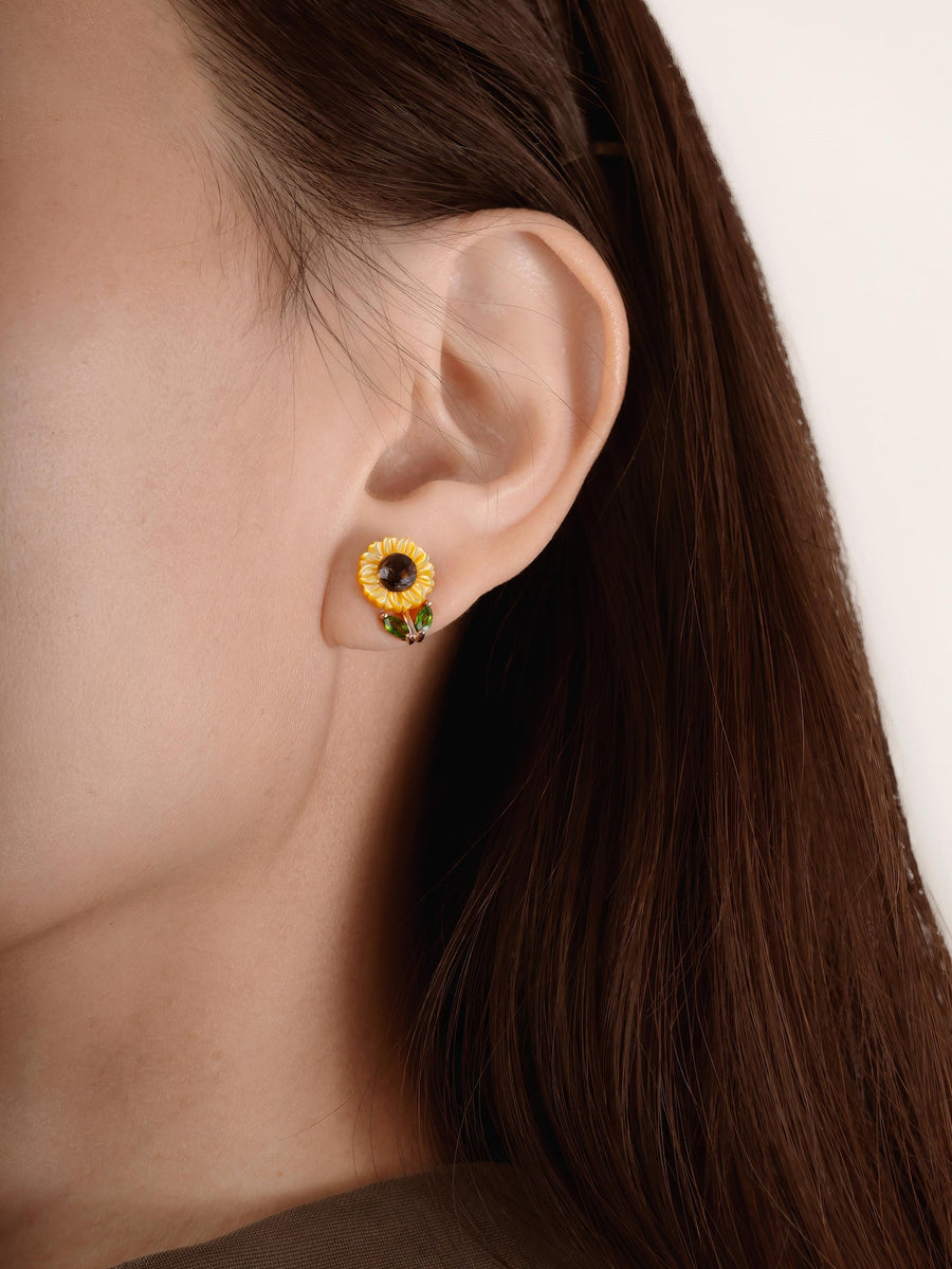 Carved Sunflower Stud Earrings